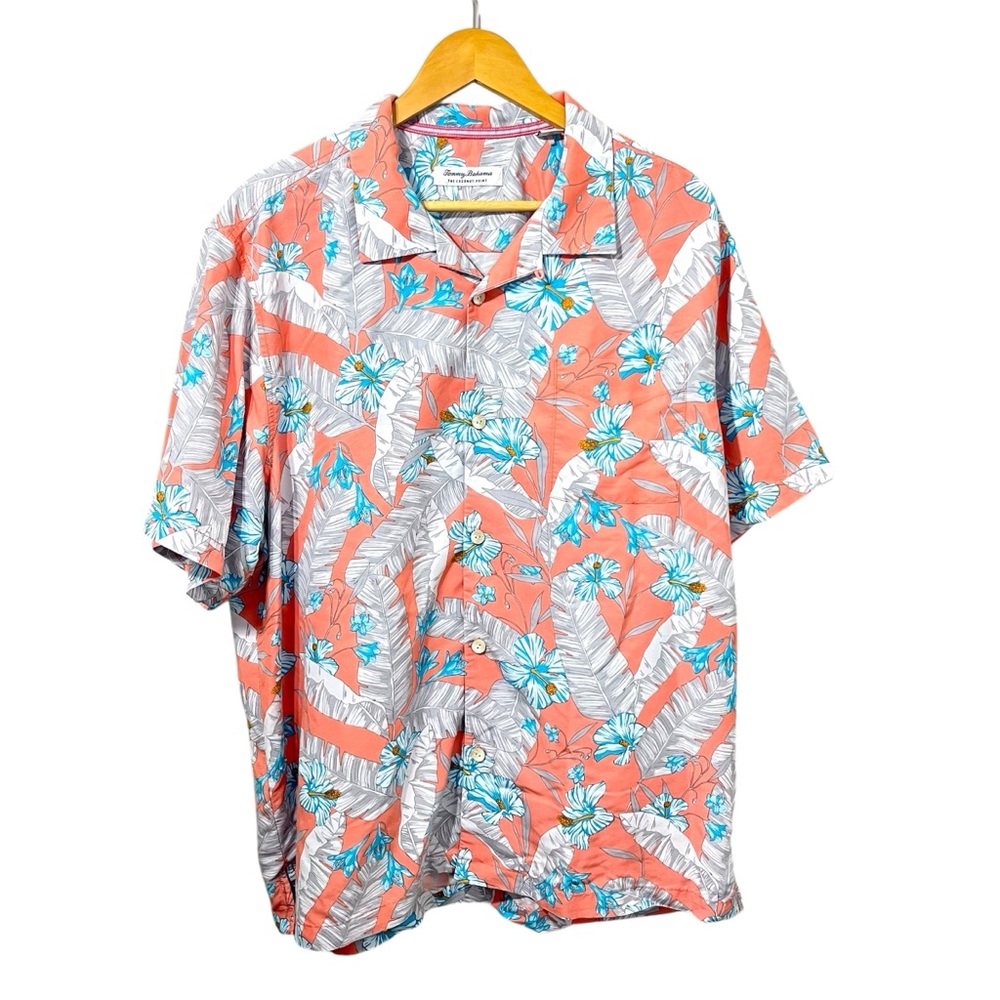 Tommy Bahama XL Salmon Coral Blue Floral Hawaiian Camp Shirt